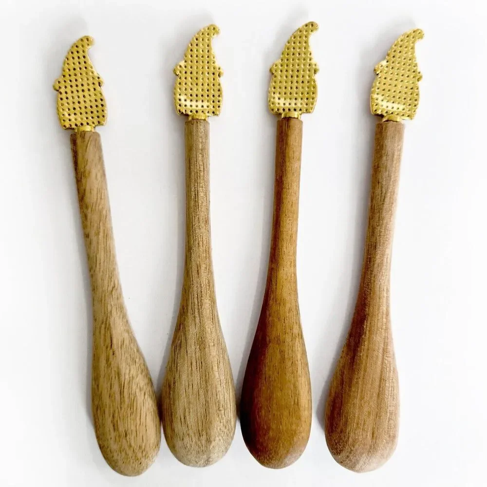 *CUTE! 4‎ Gnomes Natural Wood Small Serving Spoons Herbs Jam Dips 5